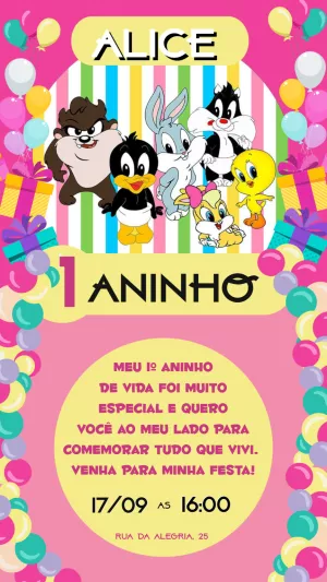 Convite Aniversário Looney Tunes Baby para Editar Online