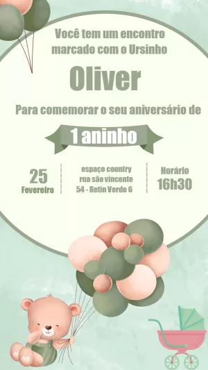 Convite de Aniversário Ursinho Verde para Editar Online