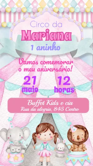 Convite de Aniversário Circo Aquarela Menina para Editar Online