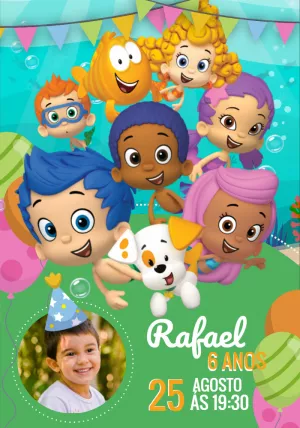Convite Aniversário Bubble Guppies com Foto para Editar Online