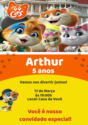 Convite de Aniversário 44 Gatos para Editar Online