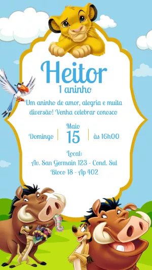 Convite Aniversário Rei Leão com Personagens para Editar Online