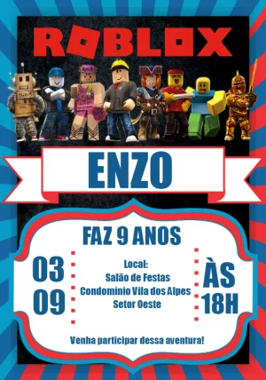 Convite de Aniversário Roblox com Personagens para Editar