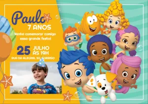 Convite Aniversário Bubble Guppies com Foto para Editar Online