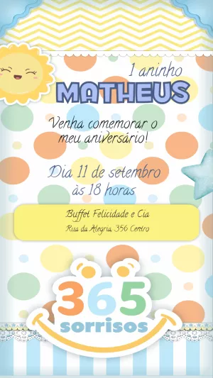 Convite Aniversário 1 Aninho 365 Sorrisos para Editar