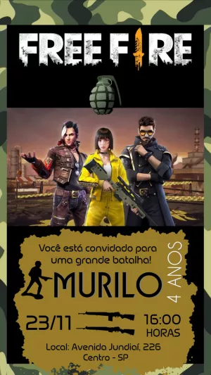 Convite de Aniversário Free Fire Editável com Personagens