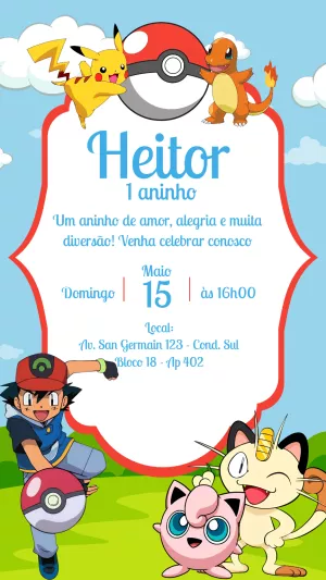 Convite de Aniversário Pokémon com Personagens para Editar Online