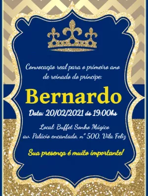 Convite Aniversário Realeza Príncipe Glitter para Editar Online