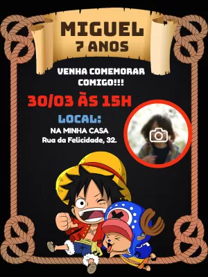 Convite Aniversário One Piece com Foto para Editar Online