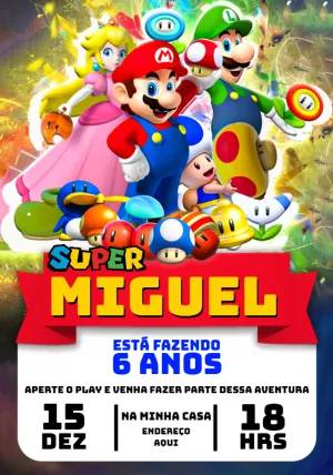 Convite Aniversário Super Mario com Personagens para Editar