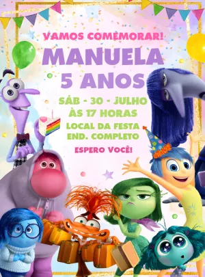 Convite Aniversário Divertida Mente 2 com Emoções para Editar
