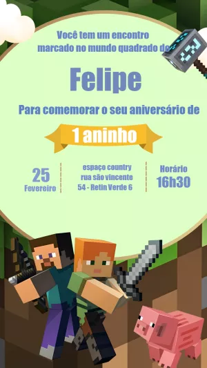 Convite de Aniversário Minecraft com Personagens para Editar