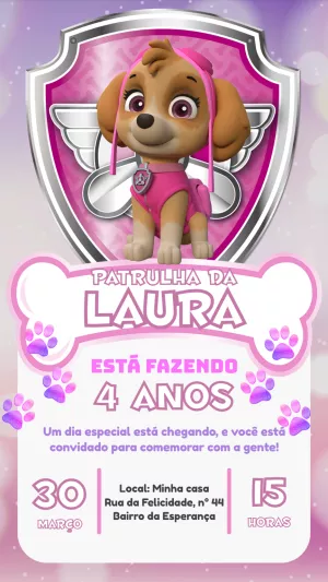Convite de Aniversário Skye Patrulha Canina para Editar Online