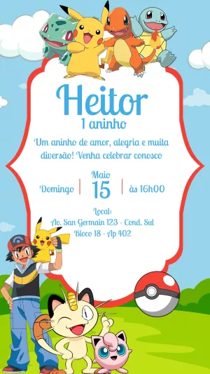 Convite de Aniversário Pokémon com a Turma para Editar Online
