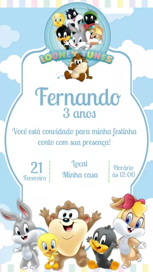 Convite Aniversário Looney Tunes Baby para Editar Online