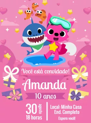 Convite Aniversário Baby Shark Rosa para Editar Online