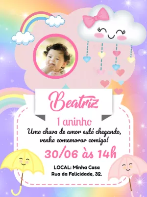 Convite Aniversário Chuva de Amor com Foto para Editar Online