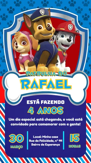Convite Aniversário Patrulha Canina com Personagens para Editar