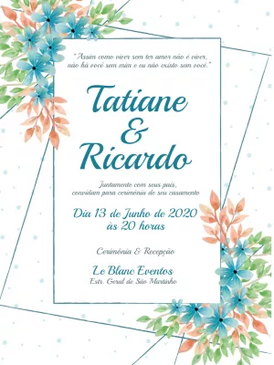 Convite de Casamento Floral Azul e Laranja para Editar Online