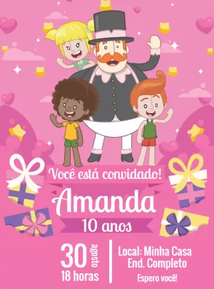 Convite de Aniversário Mundo Bita Rosa para Editar Online