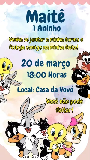 Convite Aniversário Looney Tunes Baby para Editar Online