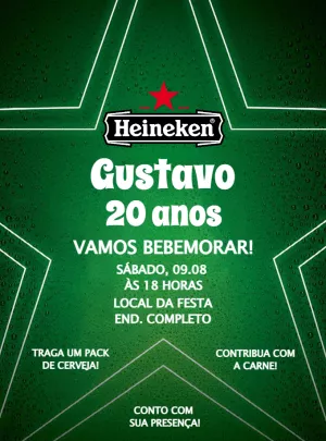 Convite de Aniversário Tema Cerveja Heineken para Editar Online