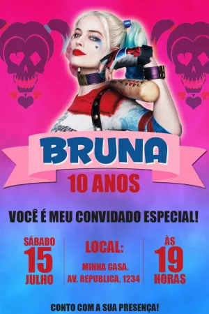Convite de Aniversário Arlequina para Editar Online