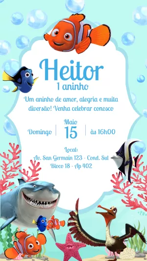 Convite de Aniversário Nemo e Turma para Editar Online