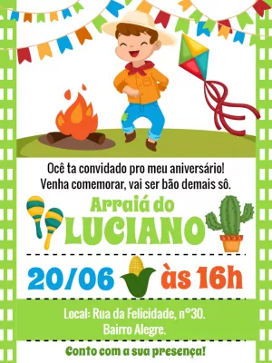 Convite Aniversário Festa Junina com Menino para Editar