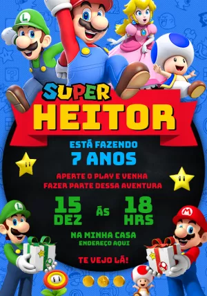 Convite Aniversário Super Mario Bros para Editar Online