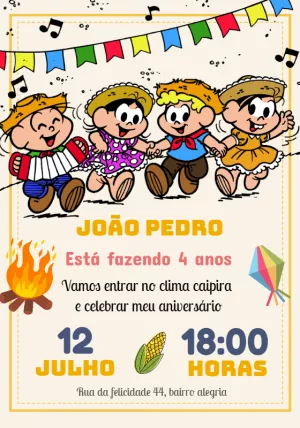 Convite de Aniversário Festa Junina Turma da Mônica para Editar
