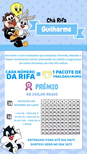 Convite Chá Rifa Looney Tunes Baby para Editar Online