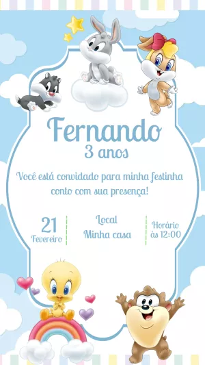 Convite Aniversário Looney Tunes Baby para Editar Online