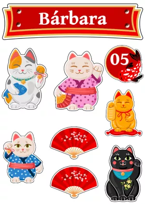 Topo de Bolo Maneki Neko Gatinho da Sorte para Editar Online