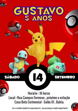 Convite de Aniversário Pokémon com Personagens para Editar Online