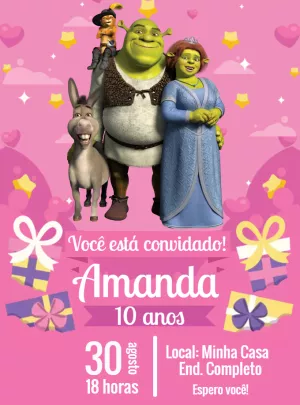 Convite de Aniversário Shrek com Personagens para Editar Online