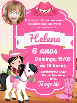 Convite de Aniversário Boiadeira com Foto para Editar Online