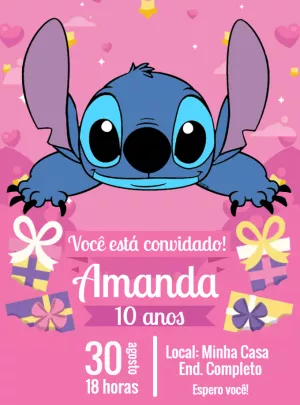 Convite de Aniversário Stitch Rosa para Editar Online