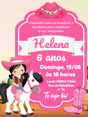 Convite de Aniversário Boiadeira Rosa para Editar Online