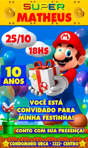 Convite Aniversário Super Mario com Personagens para Editar Online