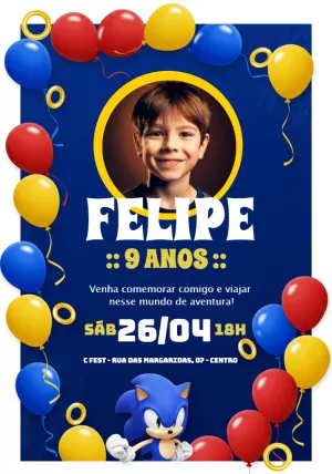 Convite de Aniversário Sonic com Foto para Editar Online