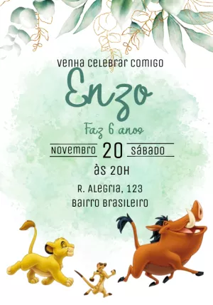 Convite Aniversário Rei Leão com Personagens para Editar Online