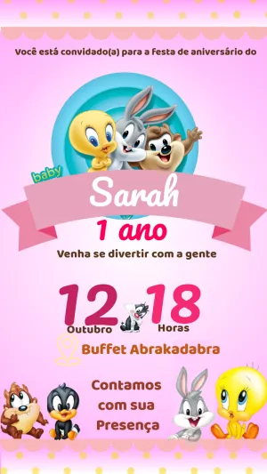 Convite de Aniversário Baby Looney Tunes para Editar Online