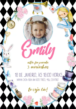 Convite Aniversário Alice no País das Maravilhas com Foto para Editar