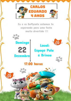 Convite Aniversário 44 Gatos para Editar Online