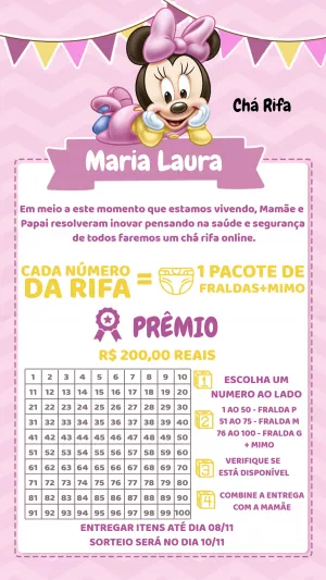 Convite Chá Rifa Minnie Baby para Editar e Enviar Online