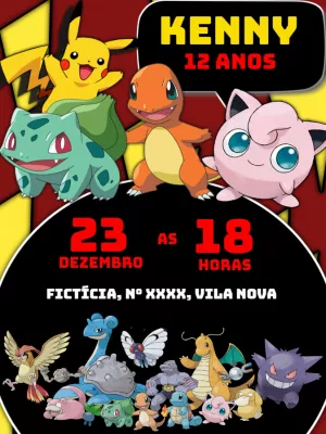 Convite de Aniversário Pokémon com Personagens para Editar