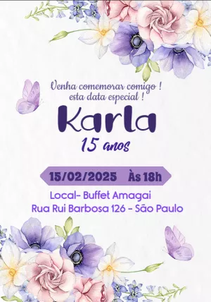 Convite 15 Anos Floral Lilás com Borboletas para Editar