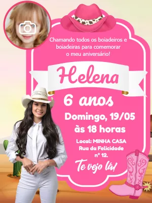 Convite Aniversário Boiadeira com Foto para Editar Online