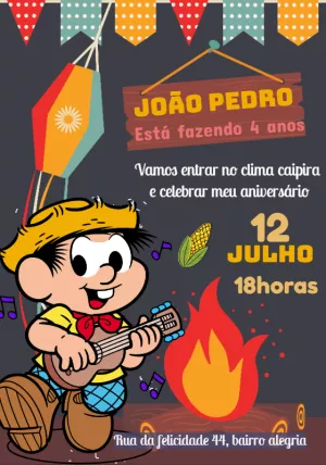 Convite Aniversário Arraiá do Chico Bento para Editar Online